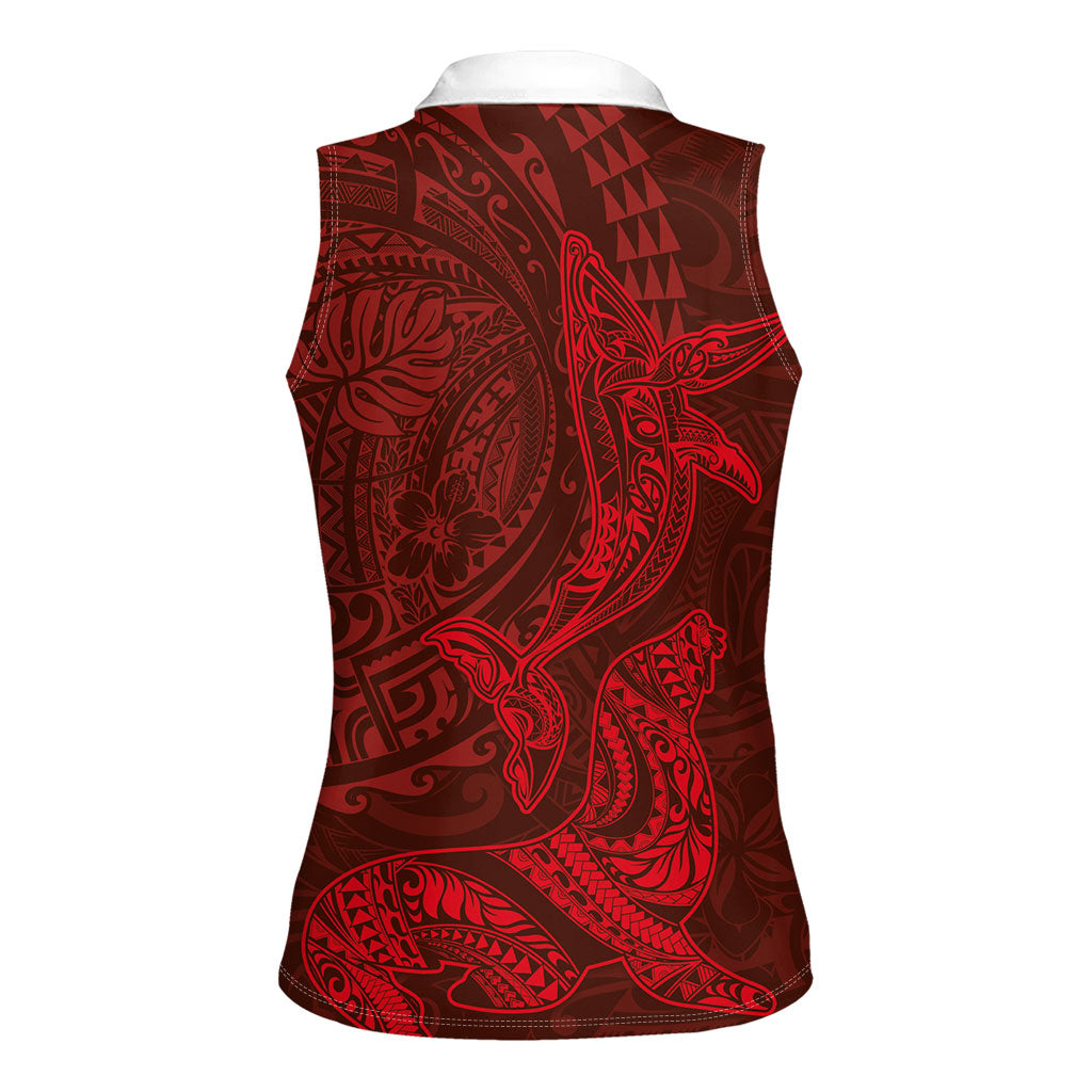 Hawaiian Monk Seal and Whale Women Sleeveless Polo Shirt Kakau Tribal Pattern Red Color LT03 - Polynesian Pride