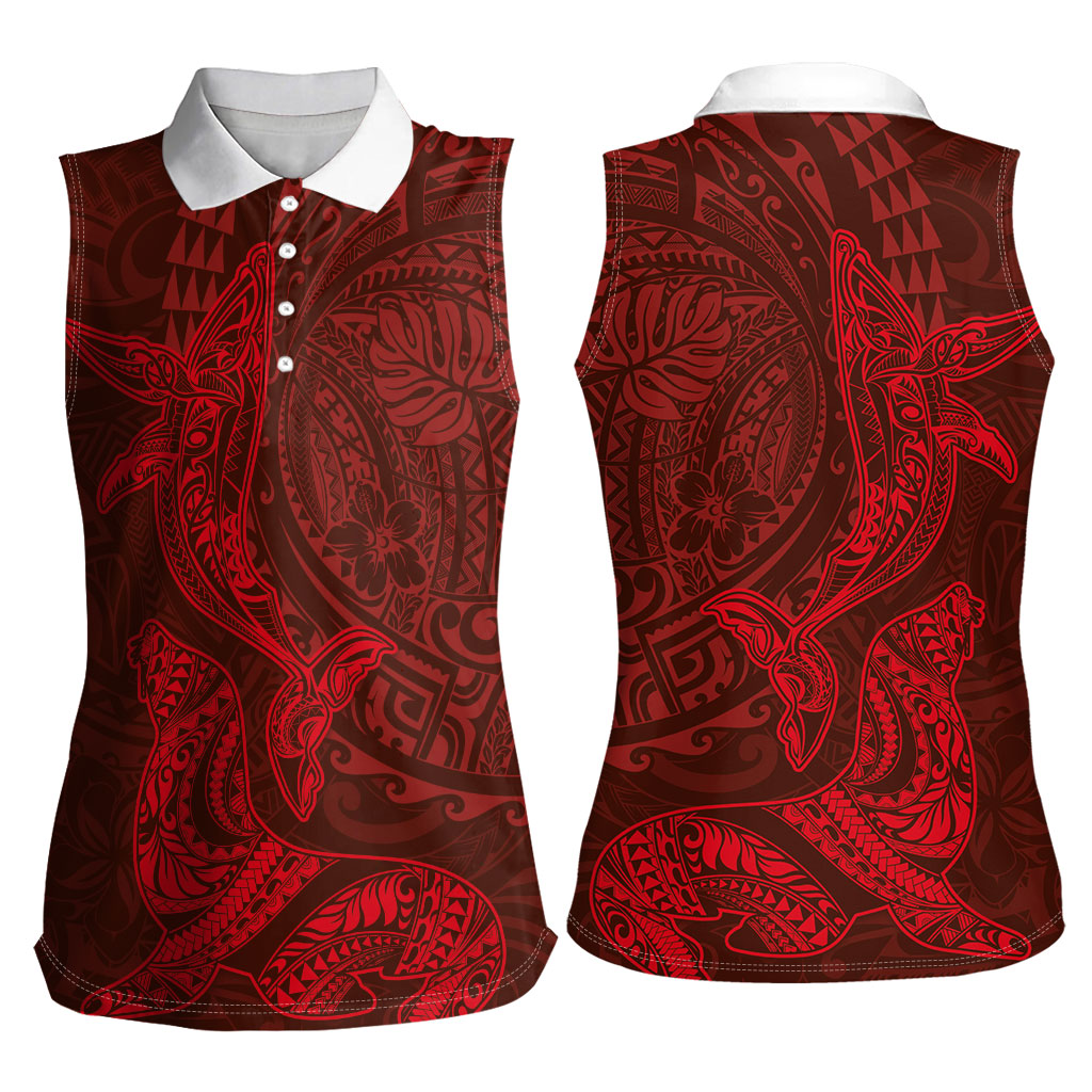 Hawaiian Monk Seal and Whale Women Sleeveless Polo Shirt Kakau Tribal Pattern Red Color LT03 - Polynesian Pride