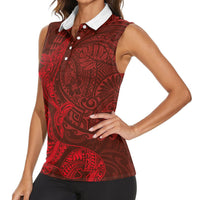Hawaiian Monk Seal and Whale Women Sleeveless Polo Shirt Kakau Tribal Pattern Red Color LT03 - Polynesian Pride
