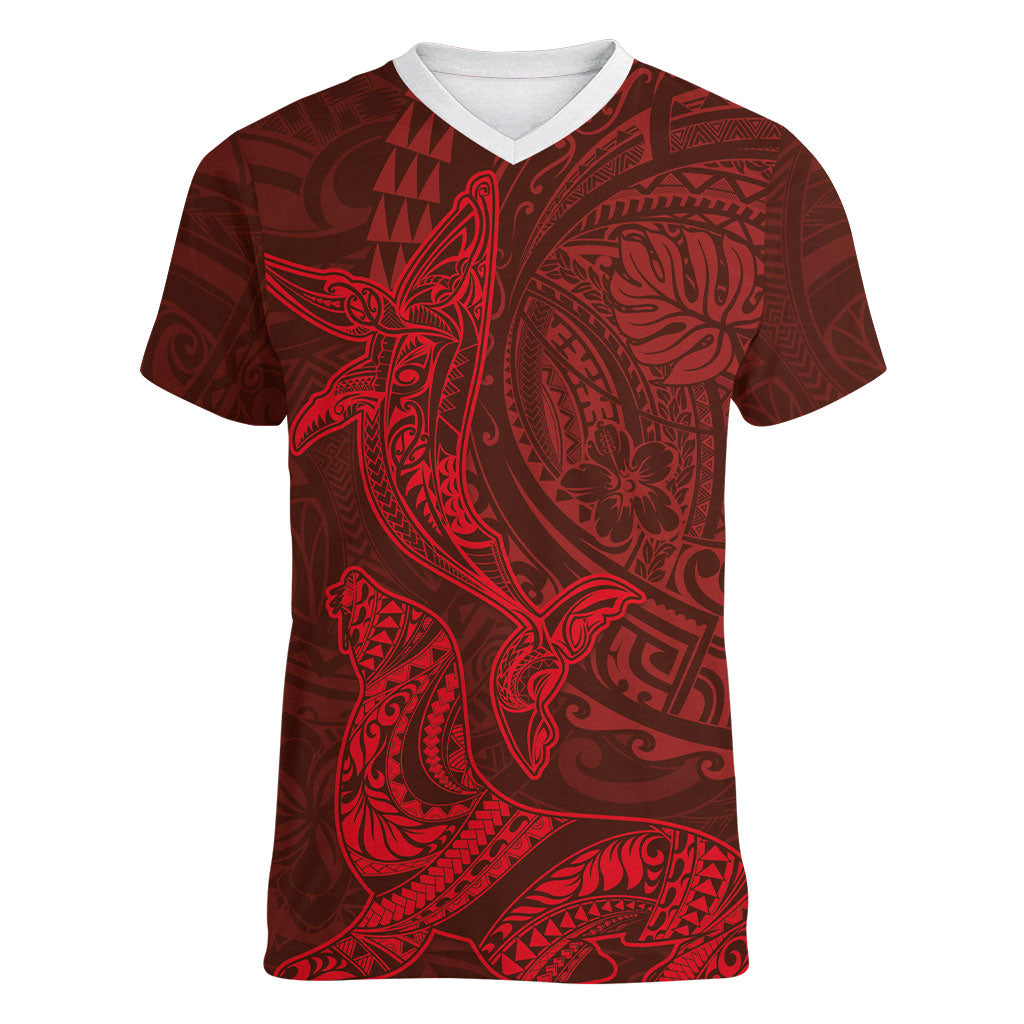 Hawaiian Monk Seal and Whale Women V-Neck T-Shirt Kakau Tribal Pattern Red Color LT03 Female Red - Polynesian Pride