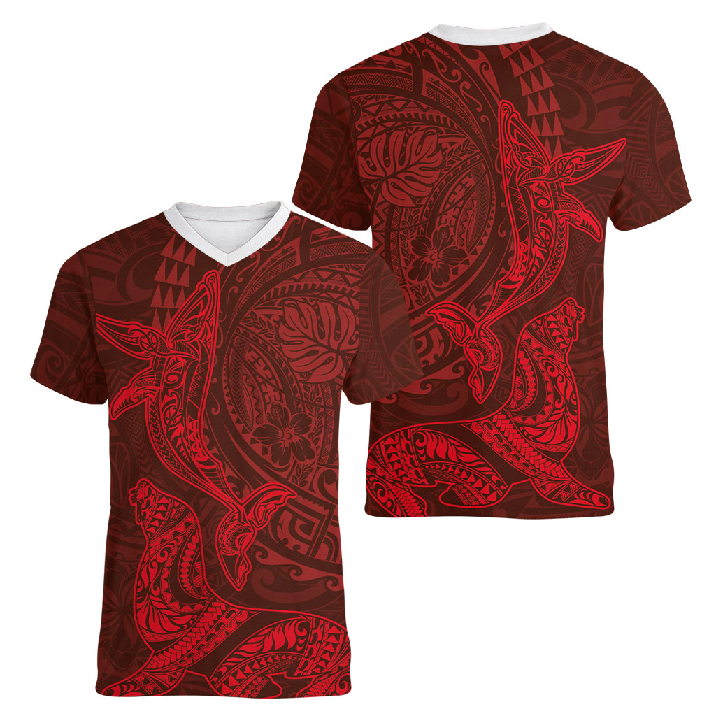 Hawaiian Monk Seal and Whale Women V-Neck T-Shirt Kakau Tribal Pattern Red Color LT03 - Polynesian Pride