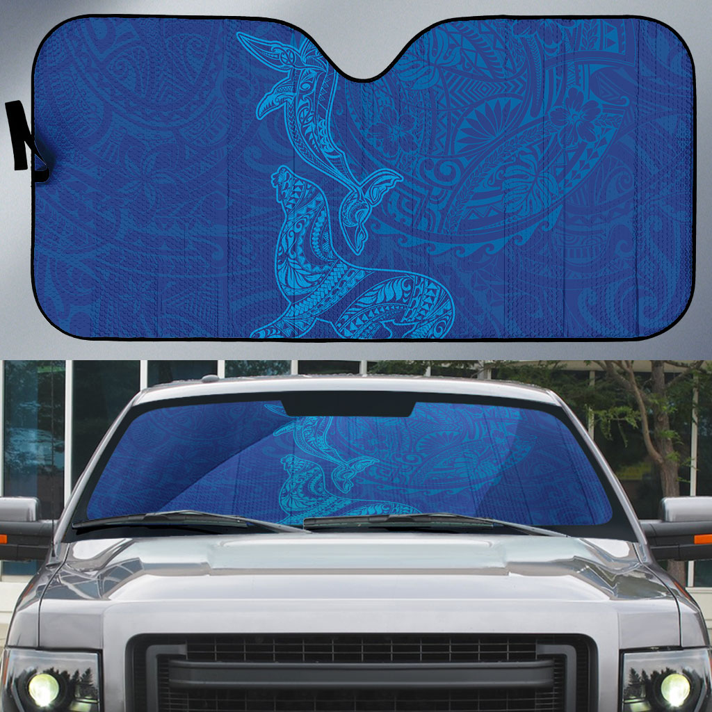 Hawaiian Monk Seal and Whale Auto Sun Shade Kakau Tribal Pattern Blue Color