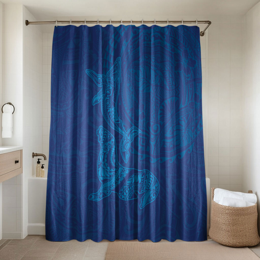 Hawaiian Monk Seal and Whale Bathroom Set Kakau Tribal Pattern Blue Color