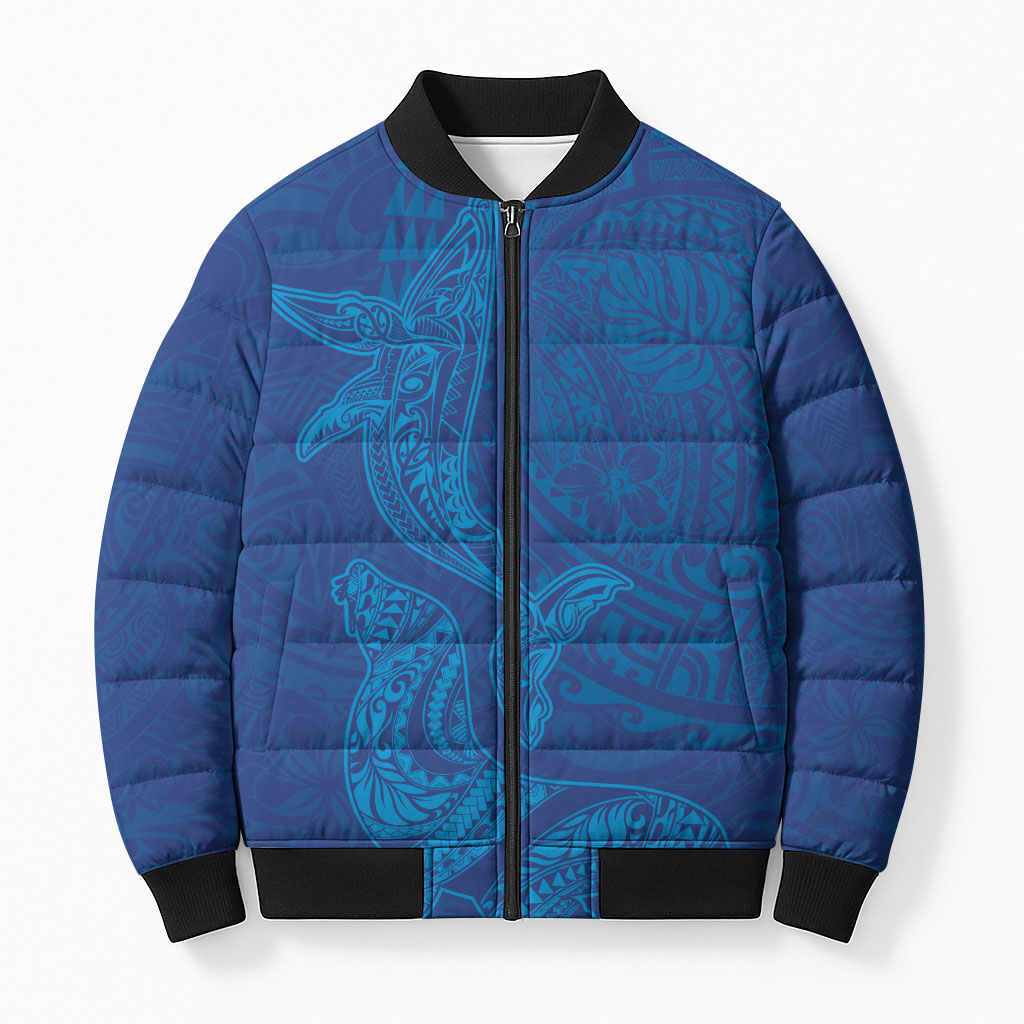 Hawaiian Monk Seal and Whale Bomber Puffer Jacket Kakau Tribal Pattern Blue Color