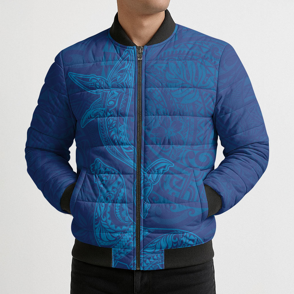 Hawaiian Monk Seal and Whale Bomber Puffer Jacket Kakau Tribal Pattern Blue Color