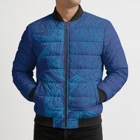 Hawaiian Monk Seal and Whale Bomber Puffer Jacket Kakau Tribal Pattern Blue Color