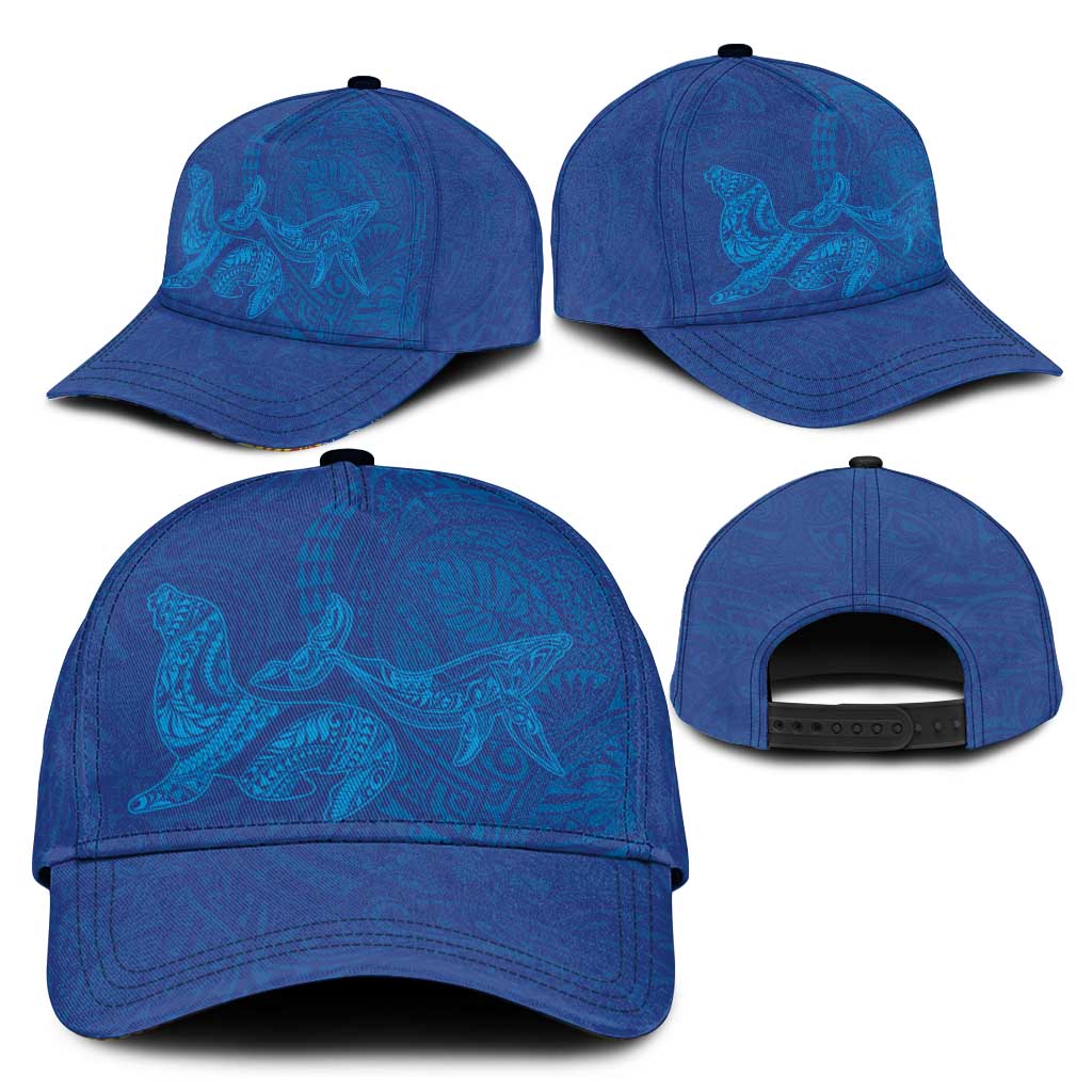Hawaiian Monk Seal and Whale Classic Cap Kakau Tribal Pattern Blue Color