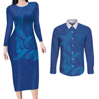 Hawaiian Monk Seal and Whale Couples Matching Long Sleeve Bodycon Dress and Long Sleeve Button Shirt Kakau Tribal Pattern Blue Color LT03 Blue - Polynesian Pride