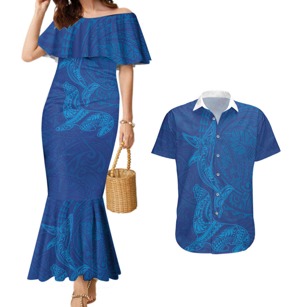 Hawaiian Monk Seal and Whale Couples Matching Mermaid Dress and Hawaiian Shirt Kakau Tribal Pattern Blue Color LT03 Blue - Polynesian Pride
