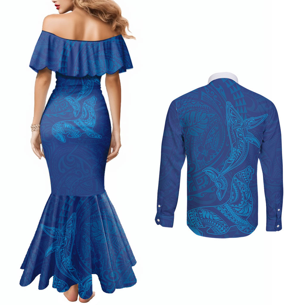 Hawaiian Monk Seal and Whale Couples Matching Mermaid Dress and Long Sleeve Button Shirt Kakau Tribal Pattern Blue Color LT03 - Polynesian Pride