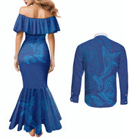Hawaiian Monk Seal and Whale Couples Matching Mermaid Dress and Long Sleeve Button Shirt Kakau Tribal Pattern Blue Color LT03 - Polynesian Pride