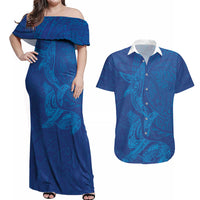 Hawaiian Monk Seal and Whale Couples Matching Off Shoulder Maxi Dress and Hawaiian Shirt Kakau Tribal Pattern Blue Color LT03 Blue - Polynesian Pride