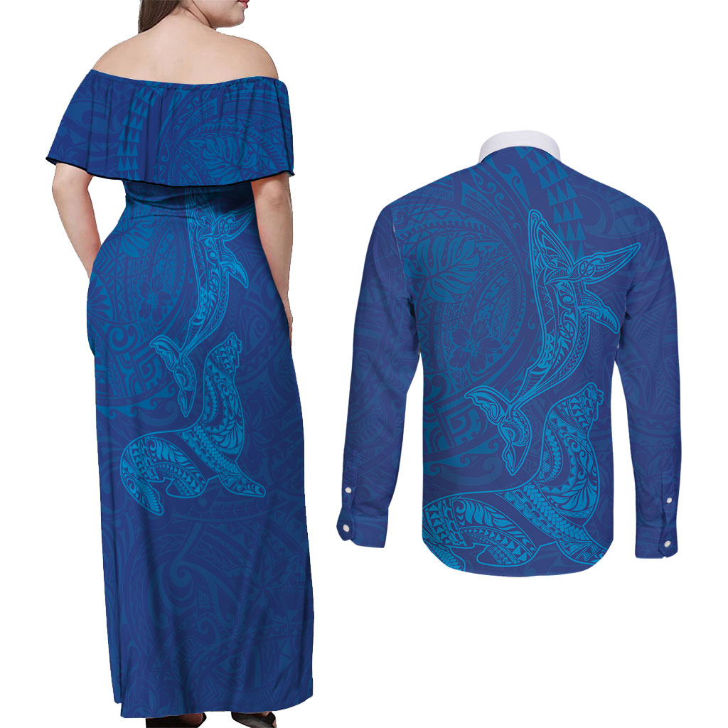 Hawaiian Monk Seal and Whale Couples Matching Off Shoulder Maxi Dress and Long Sleeve Button Shirt Kakau Tribal Pattern Blue Color LT03 - Polynesian Pride