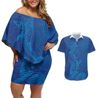 Hawaiian Monk Seal and Whale Couples Matching Off Shoulder Short Dress and Hawaiian Shirt Kakau Tribal Pattern Blue Color LT03 Blue - Polynesian Pride
