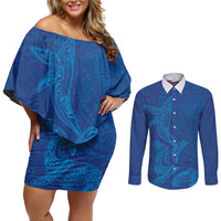 Hawaiian Monk Seal and Whale Couples Matching Off Shoulder Short Dress and Long Sleeve Button Shirt Kakau Tribal Pattern Blue Color LT03 Blue - Polynesian Pride