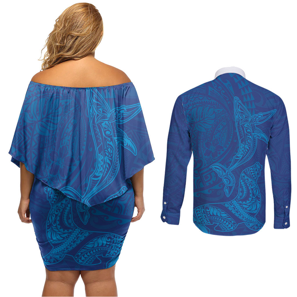 Hawaiian Monk Seal and Whale Couples Matching Off Shoulder Short Dress and Long Sleeve Button Shirt Kakau Tribal Pattern Blue Color LT03 - Polynesian Pride