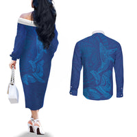 Hawaiian Monk Seal and Whale Couples Matching Off The Shoulder Long Sleeve Dress and Long Sleeve Button Shirt Kakau Tribal Pattern Blue Color LT03 - Polynesian Pride