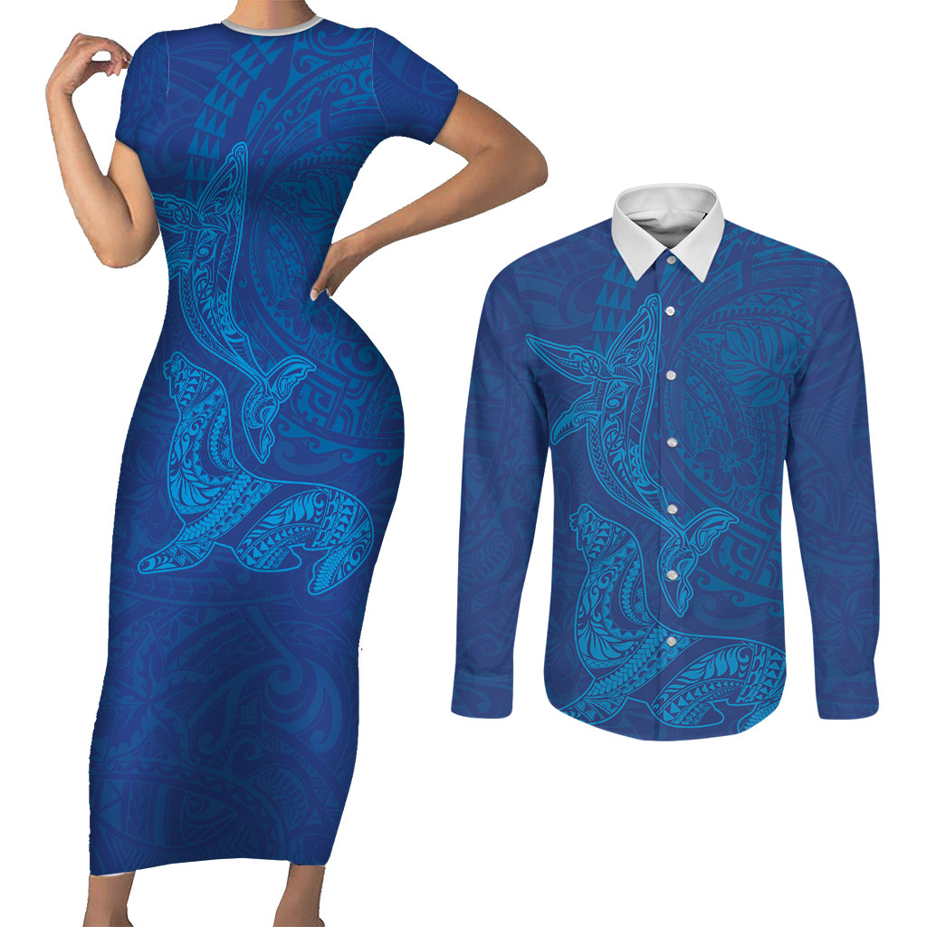 Hawaiian Monk Seal and Whale Couples Matching Short Sleeve Bodycon Dress and Long Sleeve Button Shirt Kakau Tribal Pattern Blue Color LT03 Blue - Polynesian Pride