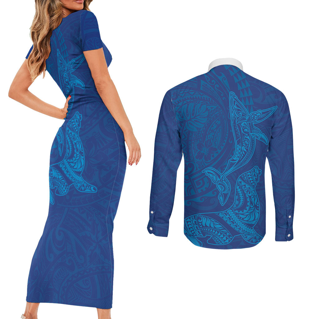 Hawaiian Monk Seal and Whale Couples Matching Short Sleeve Bodycon Dress and Long Sleeve Button Shirt Kakau Tribal Pattern Blue Color LT03 - Polynesian Pride