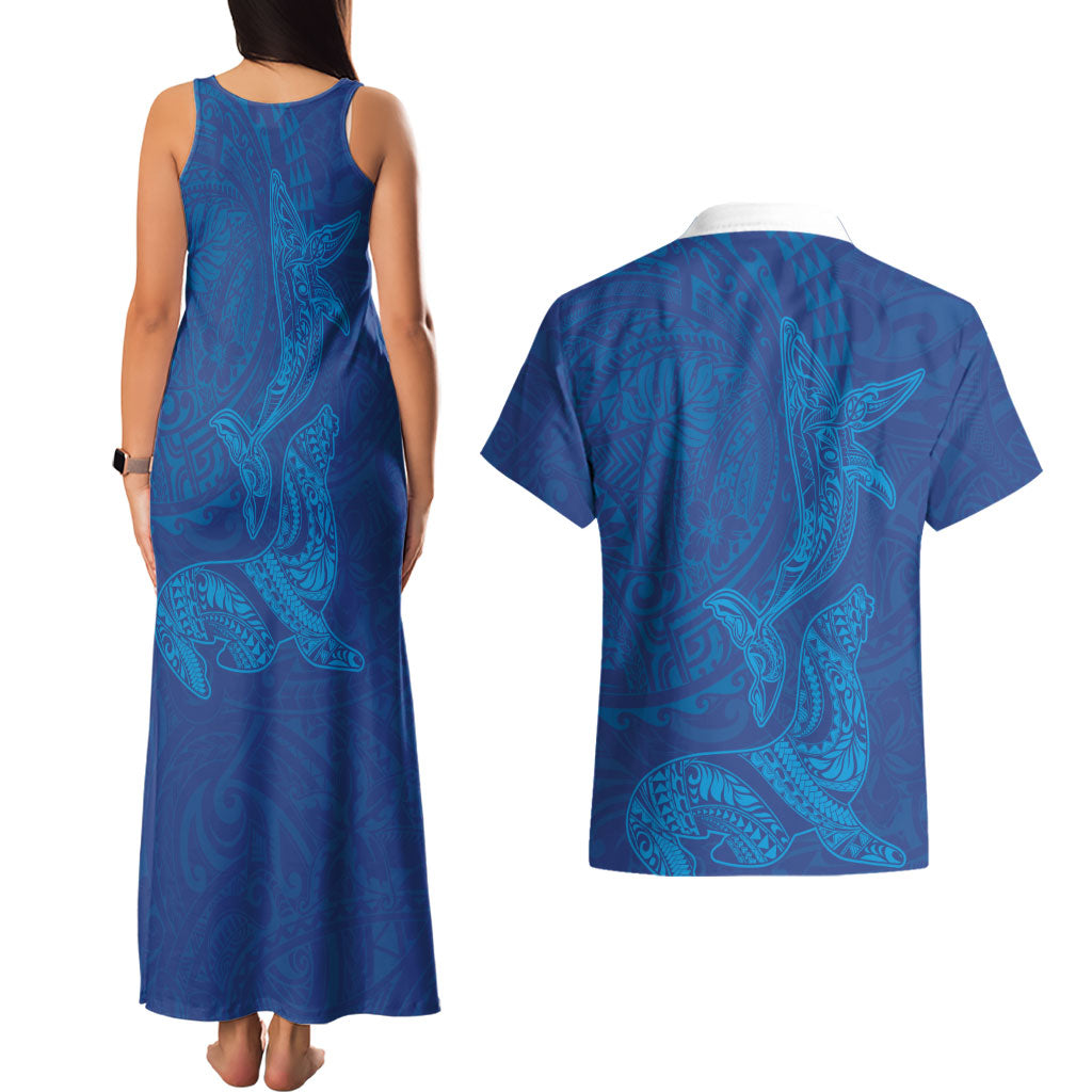 Hawaiian Monk Seal and Whale Couples Matching Tank Maxi Dress and Hawaiian Shirt Kakau Tribal Pattern Blue Color LT03 - Polynesian Pride