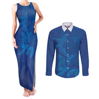 Hawaiian Monk Seal and Whale Couples Matching Tank Maxi Dress and Long Sleeve Button Shirt Kakau Tribal Pattern Blue Color LT03 Blue - Polynesian Pride