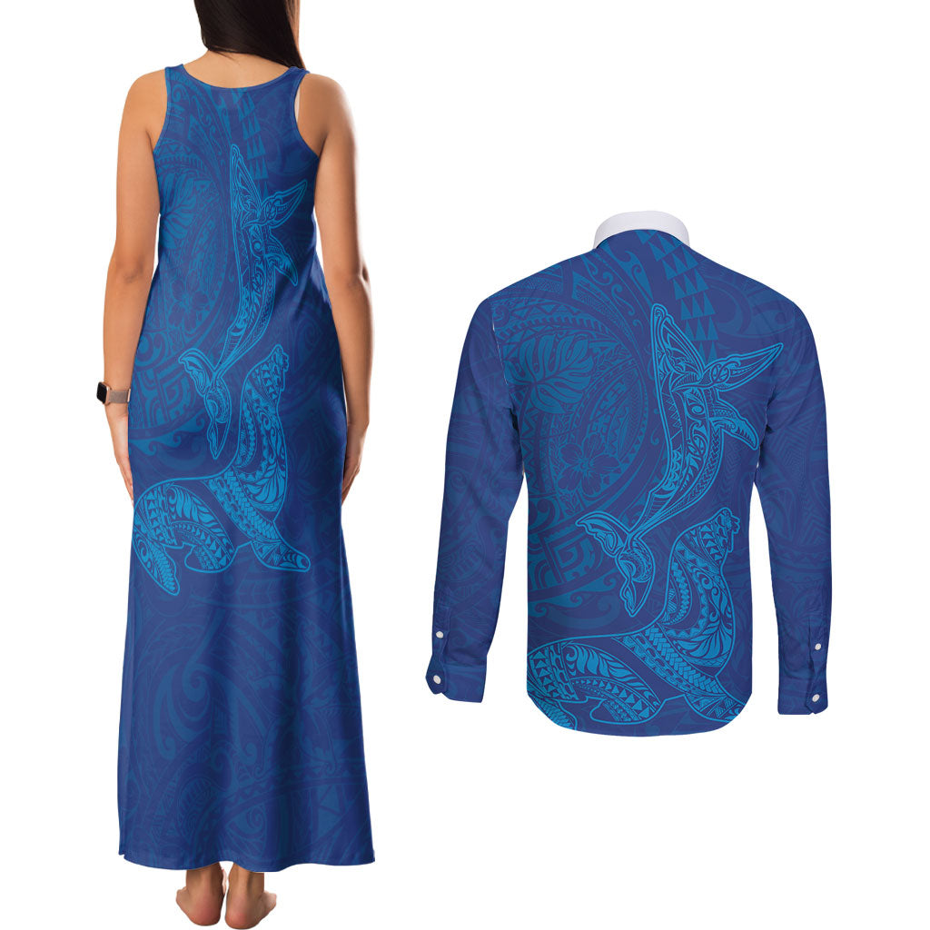 Hawaiian Monk Seal and Whale Couples Matching Tank Maxi Dress and Long Sleeve Button Shirt Kakau Tribal Pattern Blue Color LT03 - Polynesian Pride