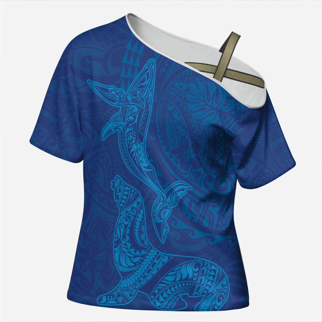 Hawaiian Monk Seal and Whale Cross Shoulder Shirt Kakau Tribal Pattern Blue Color LT03 Female Blue - Polynesian Pride