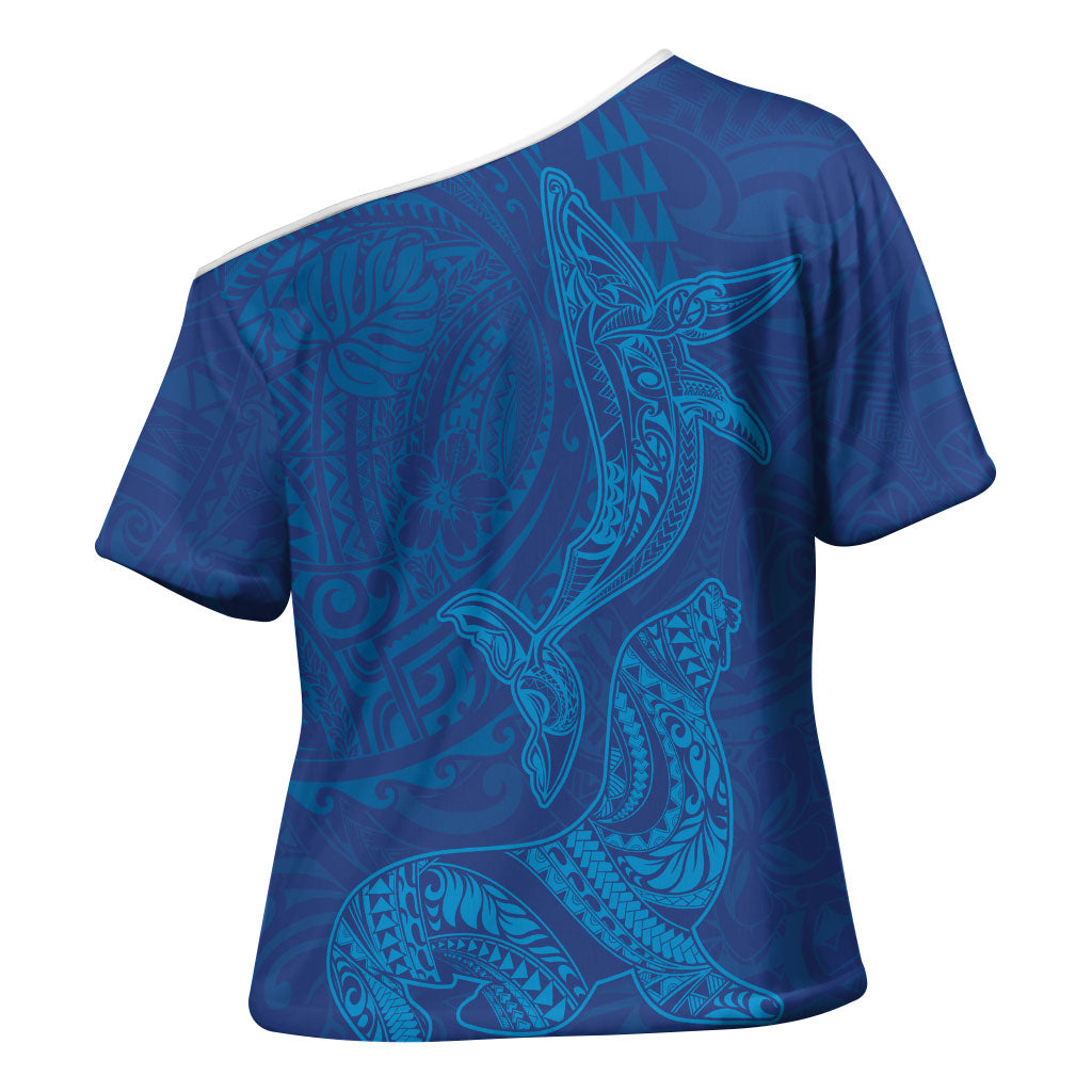 Hawaiian Monk Seal and Whale Cross Shoulder Shirt Kakau Tribal Pattern Blue Color LT03 - Polynesian Pride