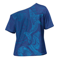 Hawaiian Monk Seal and Whale Cross Shoulder Shirt Kakau Tribal Pattern Blue Color LT03 - Polynesian Pride