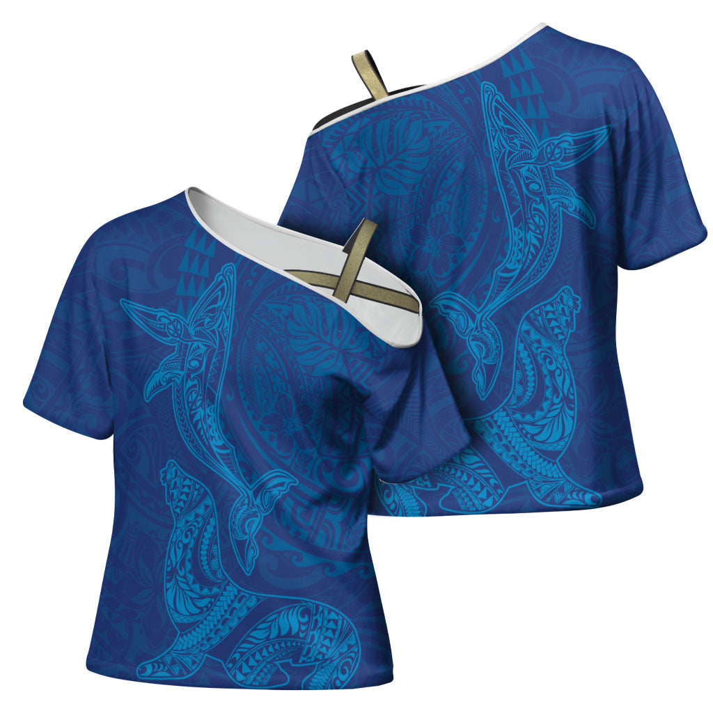 Hawaiian Monk Seal and Whale Cross Shoulder Shirt Kakau Tribal Pattern Blue Color LT03 - Polynesian Pride