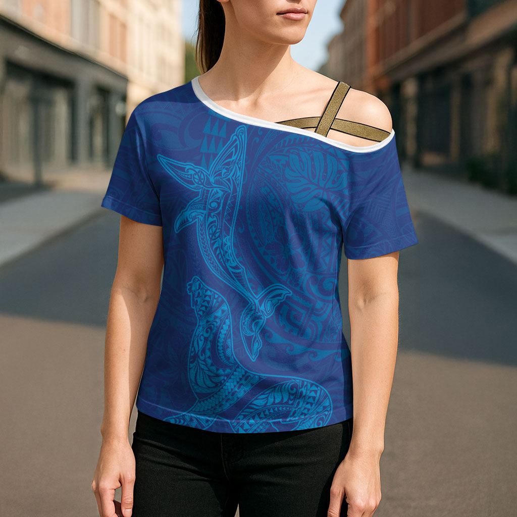 Hawaiian Monk Seal and Whale Cross Shoulder Shirt Kakau Tribal Pattern Blue Color LT03 - Polynesian Pride