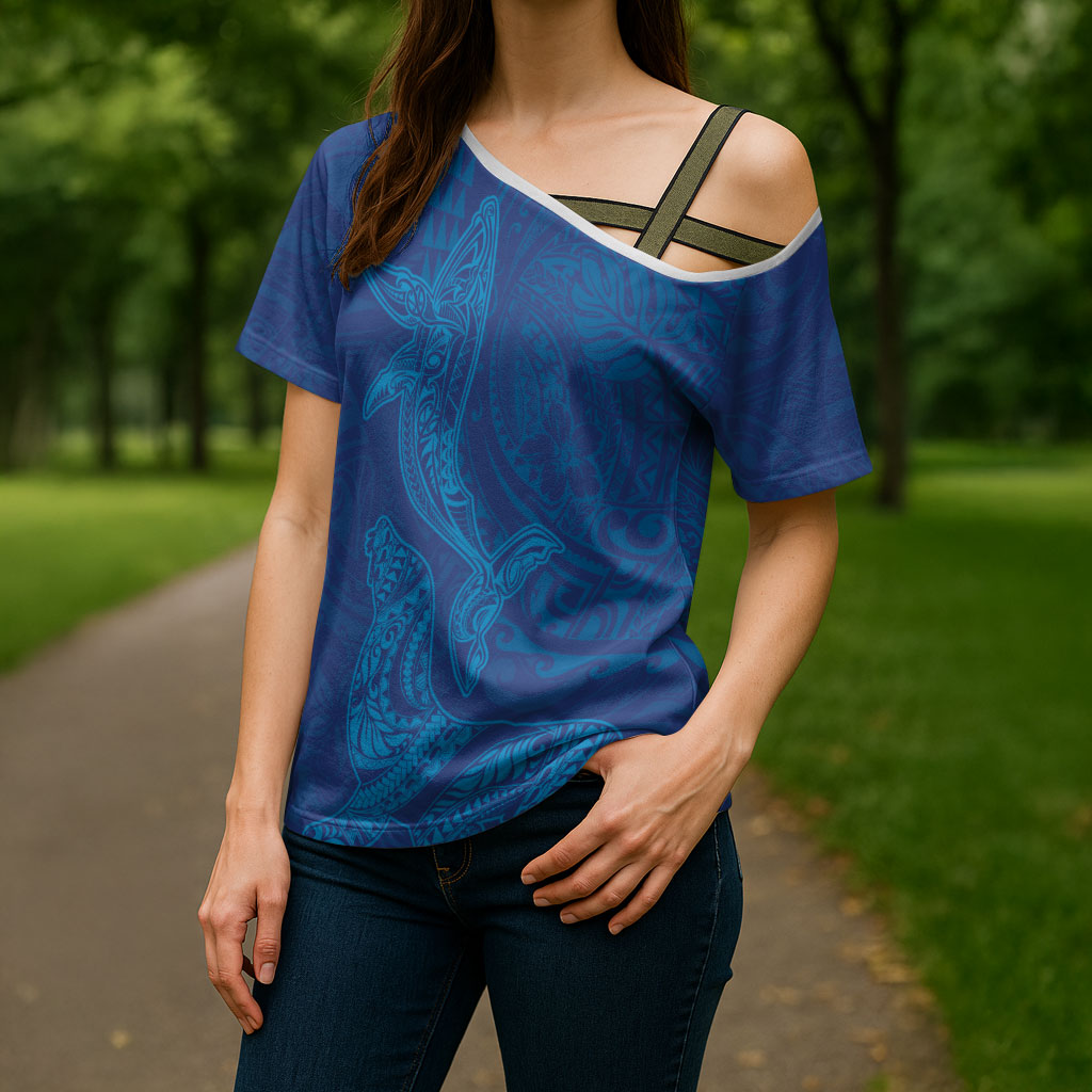 Hawaiian Monk Seal and Whale Cross Shoulder Shirt Kakau Tribal Pattern Blue Color LT03 - Polynesian Pride