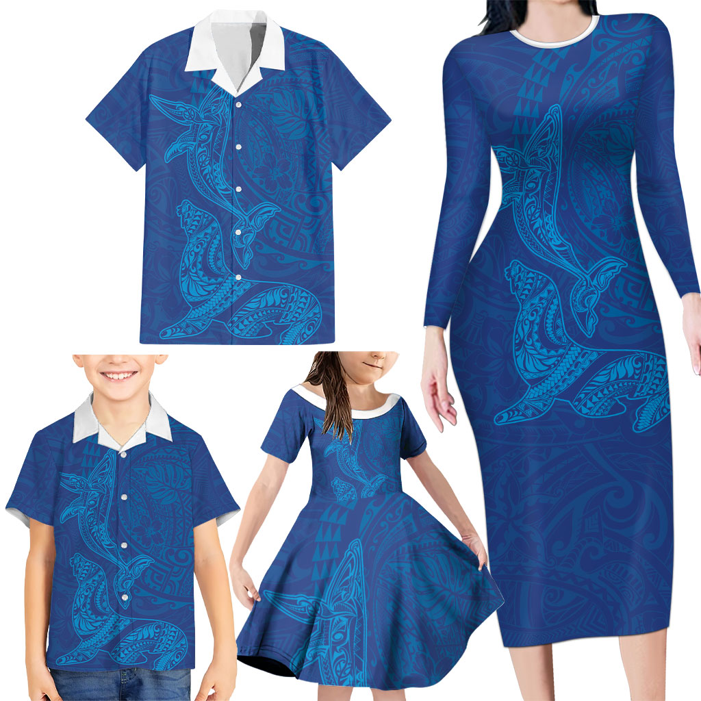 Hawaiian Monk Seal and Whale Family Matching Long Sleeve Bodycon Dress and Hawaiian Shirt Kakau Tribal Pattern Blue Color LT03 - Polynesian Pride