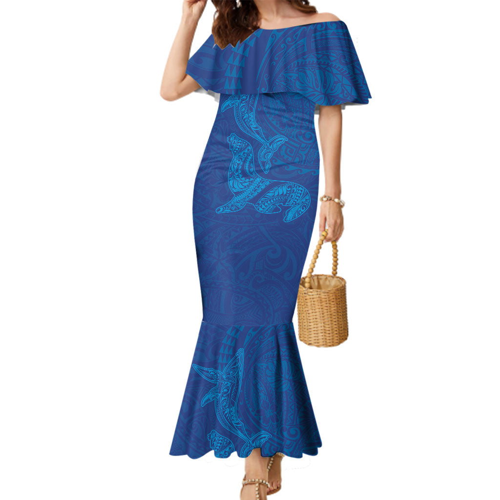 Hawaiian Monk Seal and Whale Family Matching Mermaid Dress and Hawaiian Shirt Kakau Tribal Pattern Blue Color LT03 Mom's Dress Blue - Polynesian Pride