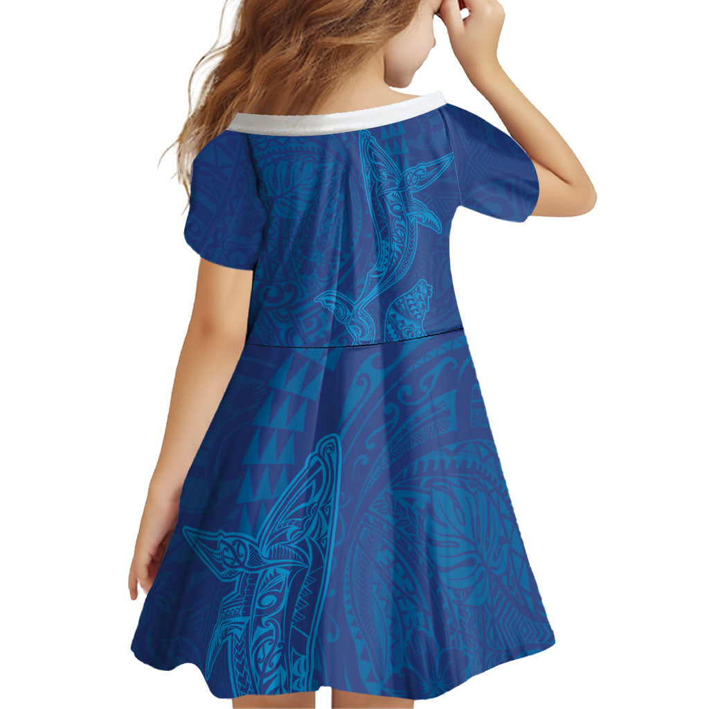 Hawaiian Monk Seal and Whale Family Matching Off The Shoulder Long Sleeve Dress and Hawaiian Shirt Kakau Tribal Pattern Blue Color LT03 - Polynesian Pride