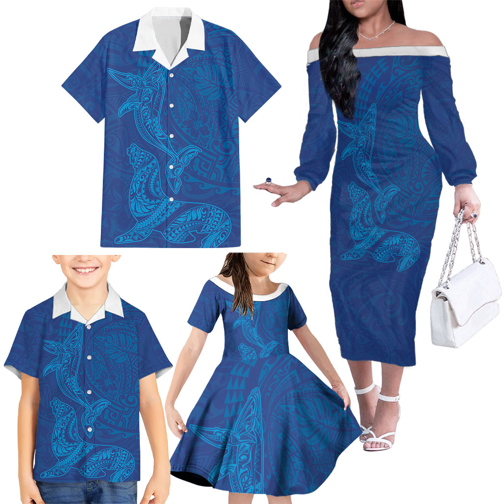 Hawaiian Monk Seal and Whale Family Matching Off The Shoulder Long Sleeve Dress and Hawaiian Shirt Kakau Tribal Pattern Blue Color LT03 - Polynesian Pride