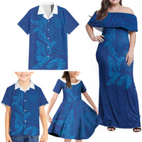 Hawaiian Monk Seal and Whale Family Matching Off Shoulder Maxi Dress and Hawaiian Shirt Kakau Tribal Pattern Blue Color LT03 - Polynesian Pride
