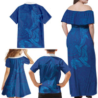 Hawaiian Monk Seal and Whale Family Matching Off Shoulder Maxi Dress and Hawaiian Shirt Kakau Tribal Pattern Blue Color LT03 - Polynesian Pride