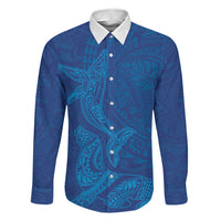 Hawaiian Monk Seal and Whale Family Matching Off Shoulder Maxi Dress and Hawaiian Shirt Kakau Tribal Pattern Blue Color LT03 Dad's Shirt - Long Sleeve Blue - Polynesian Pride