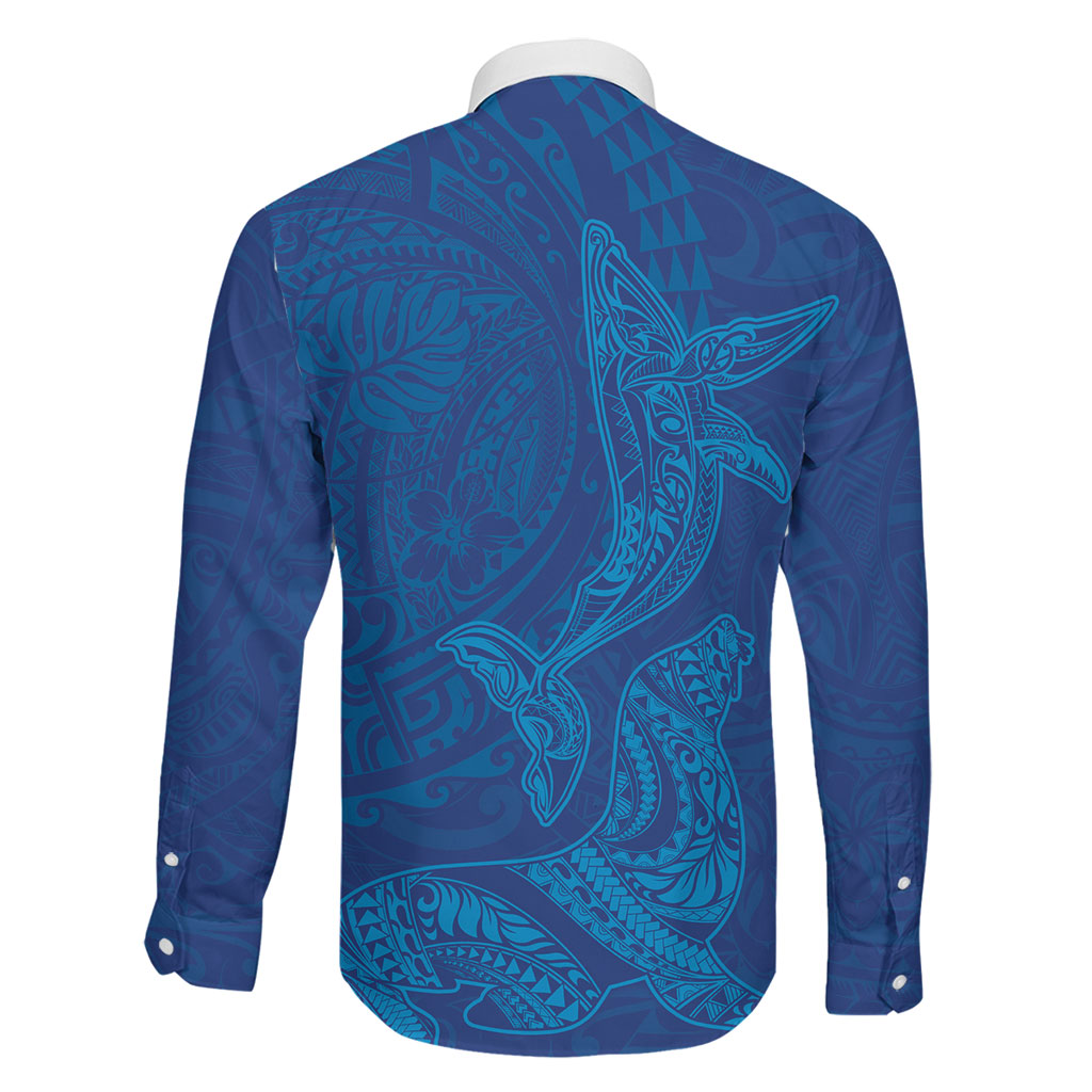 Hawaiian Monk Seal and Whale Family Matching Off Shoulder Maxi Dress and Hawaiian Shirt Kakau Tribal Pattern Blue Color LT03 - Polynesian Pride