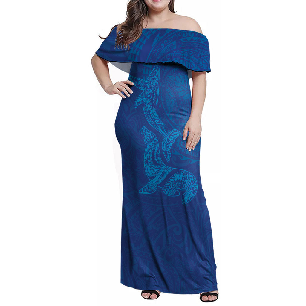 Hawaiian Monk Seal and Whale Family Matching Off Shoulder Maxi Dress and Hawaiian Shirt Kakau Tribal Pattern Blue Color LT03 Mom's Dress Blue - Polynesian Pride