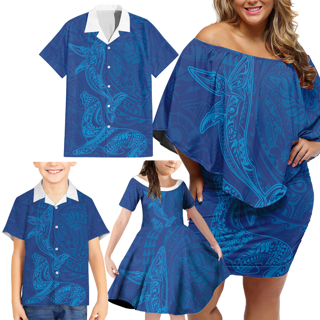Hawaiian Monk Seal and Whale Family Matching Off Shoulder Short Dress and Hawaiian Shirt Kakau Tribal Pattern Blue Color LT03 - Polynesian Pride