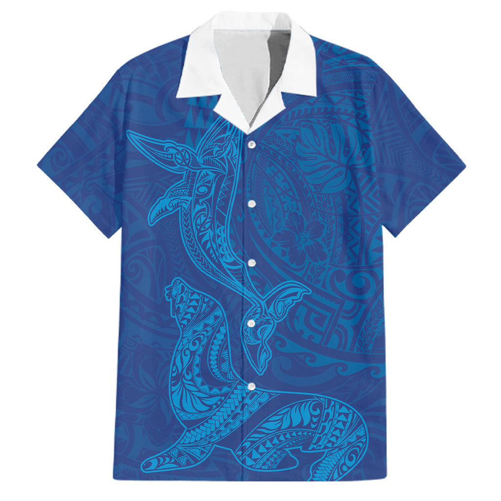 Hawaiian Monk Seal and Whale Family Matching Off Shoulder Short Dress and Hawaiian Shirt Kakau Tribal Pattern Blue Color LT03 Dad's Shirt - Short Sleeve Blue - Polynesian Pride