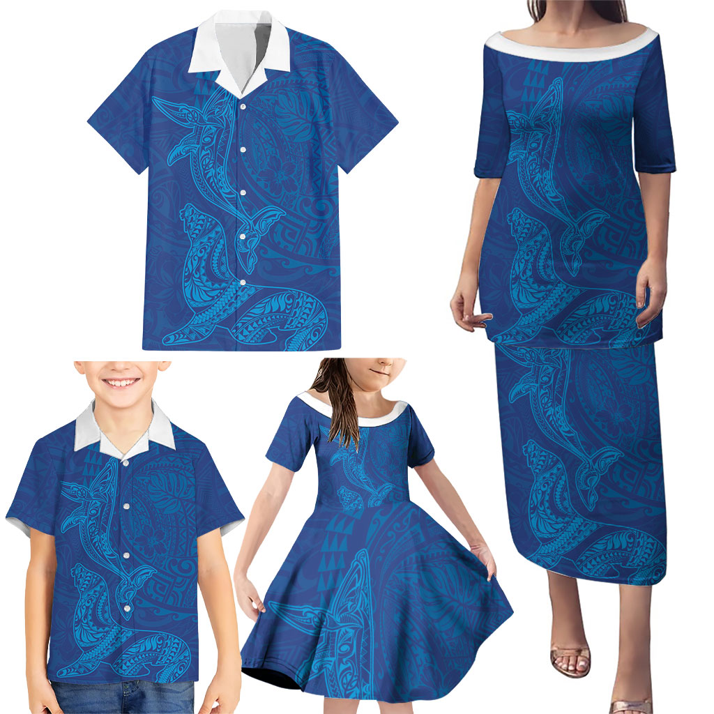 Hawaiian Monk Seal and Whale Family Matching Puletasi and Hawaiian Shirt Kakau Tribal Pattern Blue Color LT03 - Polynesian Pride