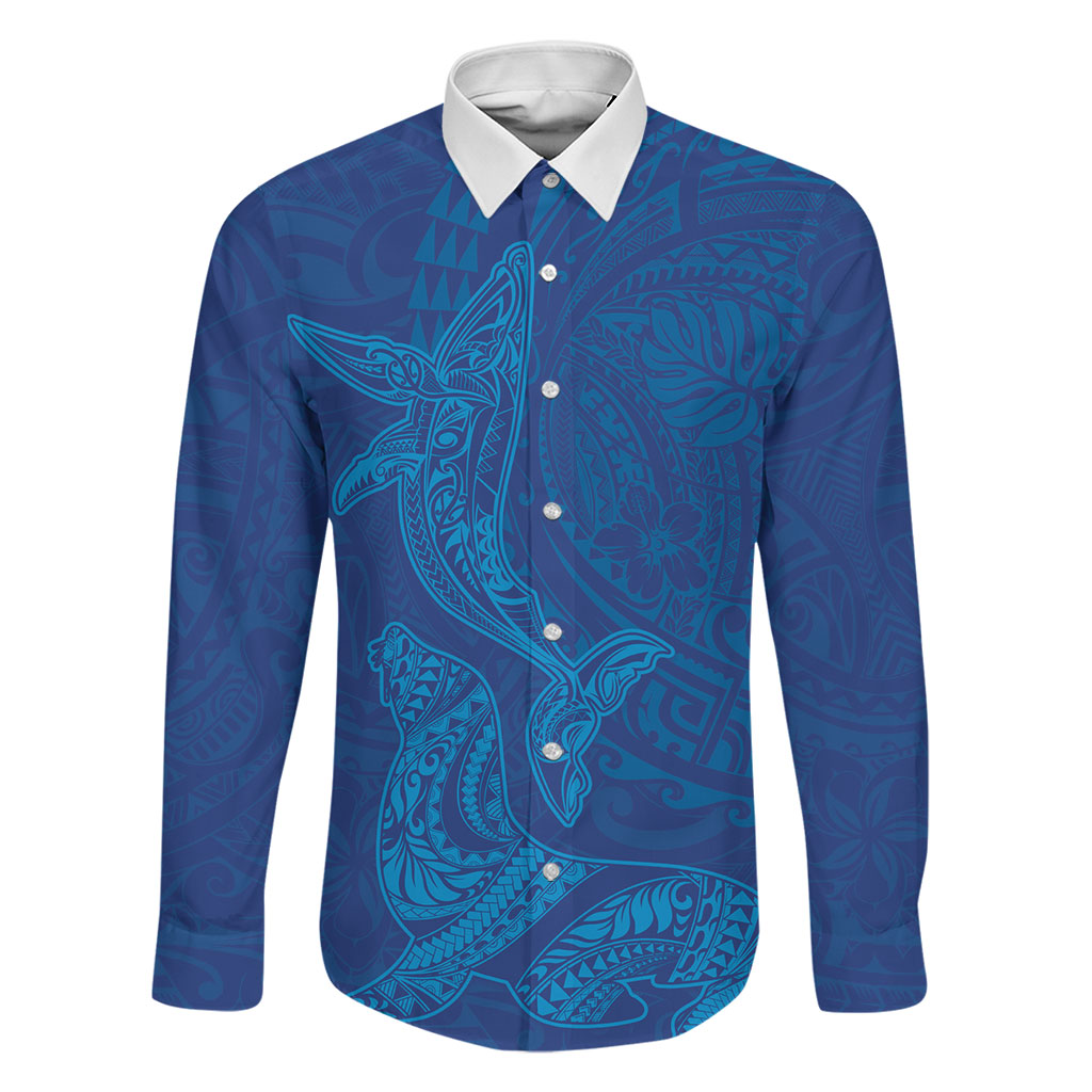 Hawaiian Monk Seal and Whale Family Matching Puletasi and Hawaiian Shirt Kakau Tribal Pattern Blue Color LT03 Dad's Shirt - Long Sleeve Blue - Polynesian Pride