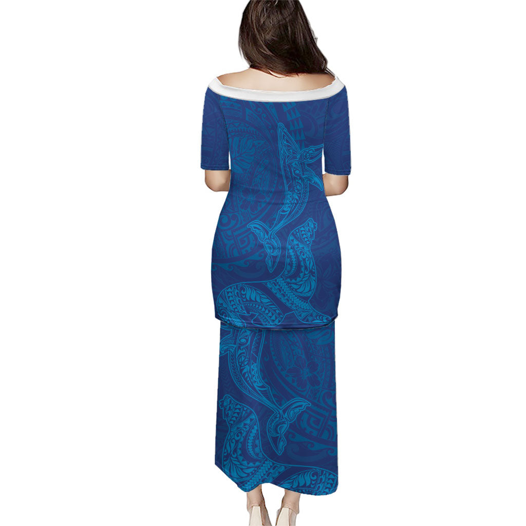Hawaiian Monk Seal and Whale Family Matching Puletasi and Hawaiian Shirt Kakau Tribal Pattern Blue Color LT03 - Polynesian Pride