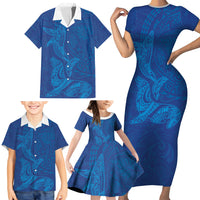 Hawaiian Monk Seal and Whale Family Matching Short Sleeve Bodycon Dress and Hawaiian Shirt Kakau Tribal Pattern Blue Color LT03 - Polynesian Pride