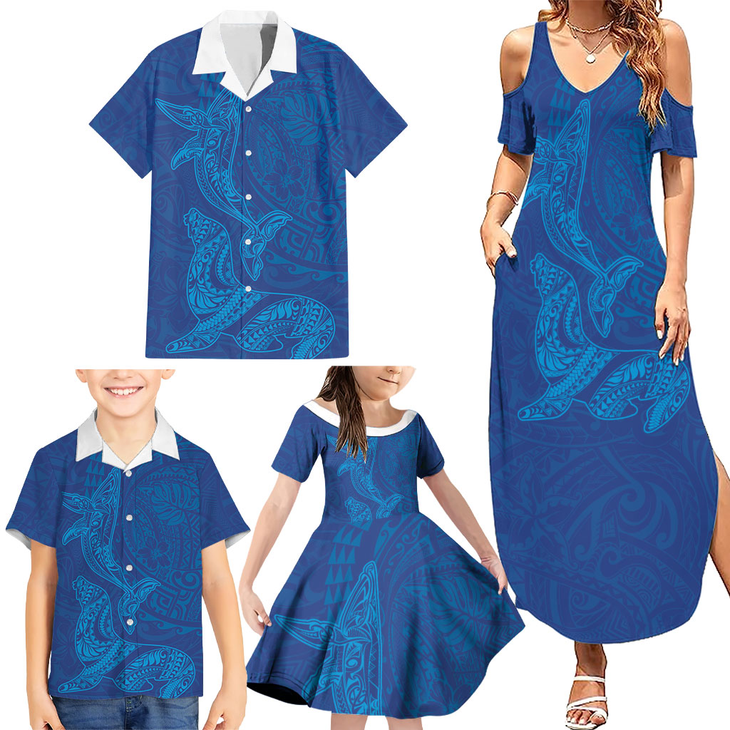 Hawaiian Monk Seal and Whale Family Matching Summer Maxi Dress and Hawaiian Shirt Kakau Tribal Pattern Blue Color LT03 - Polynesian Pride