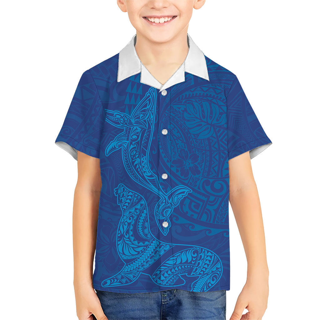 Hawaiian Monk Seal and Whale Family Matching Summer Maxi Dress and Hawaiian Shirt Kakau Tribal Pattern Blue Color LT03 Son's Shirt Blue - Polynesian Pride