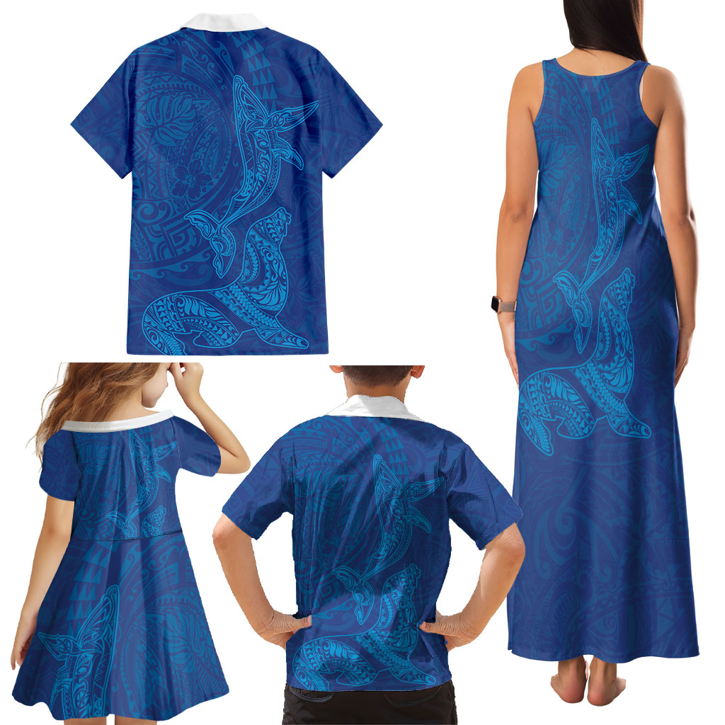 Hawaiian Monk Seal and Whale Family Matching Tank Maxi Dress and Hawaiian Shirt Kakau Tribal Pattern Blue Color LT03 - Polynesian Pride